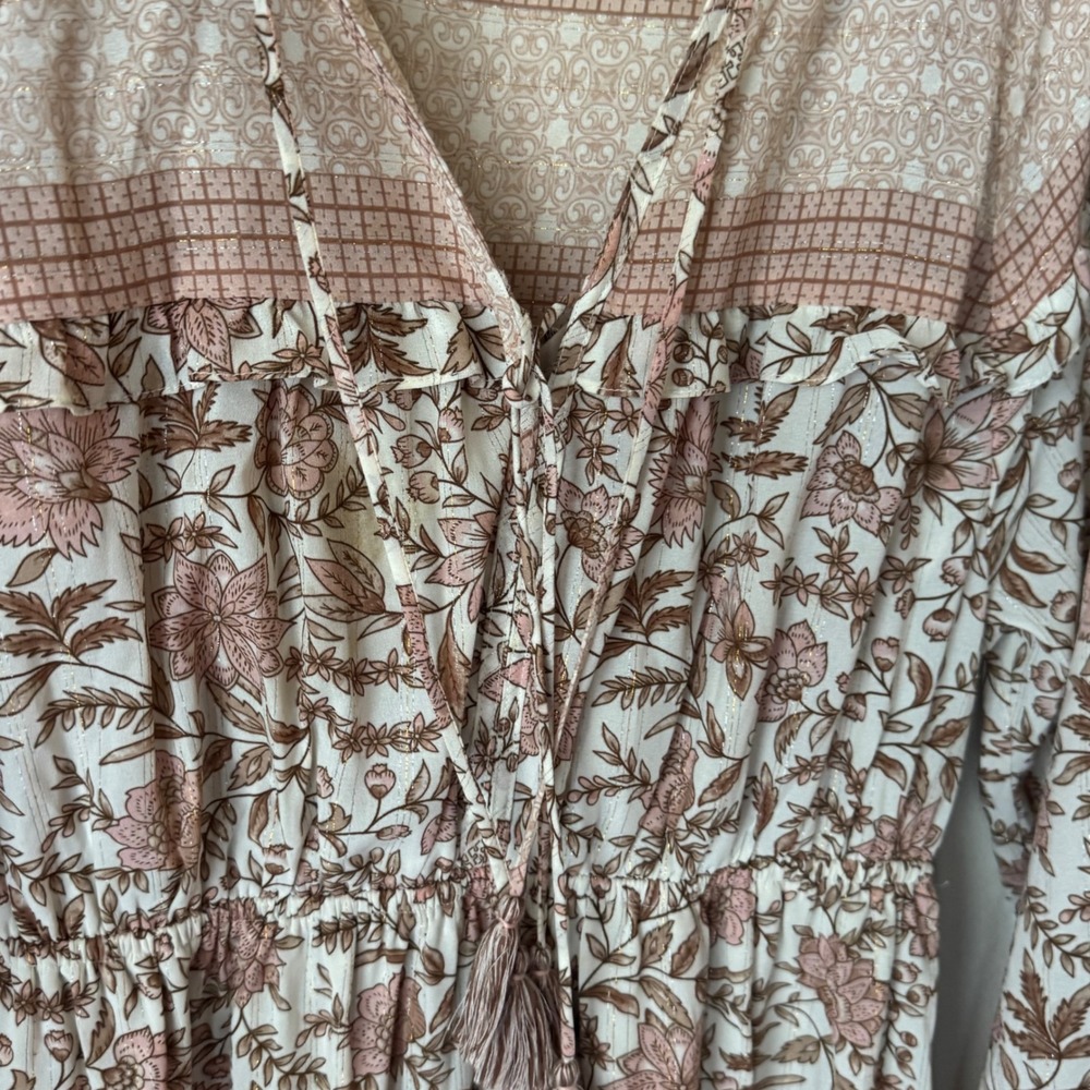 Lovestitch Floral Metallic Lurex Maxi Dress Rose Taupe Boho Tassel L Large - Picture 5 of 6